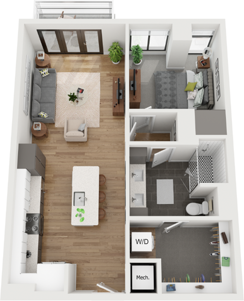 Floor plan for 1 bed, 1 bath, 809 sqft